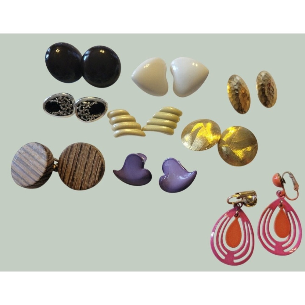 Earrings Lot of 9 Pair Vintage Clip On Screw Back Retro MCM Enamel Wood Multi